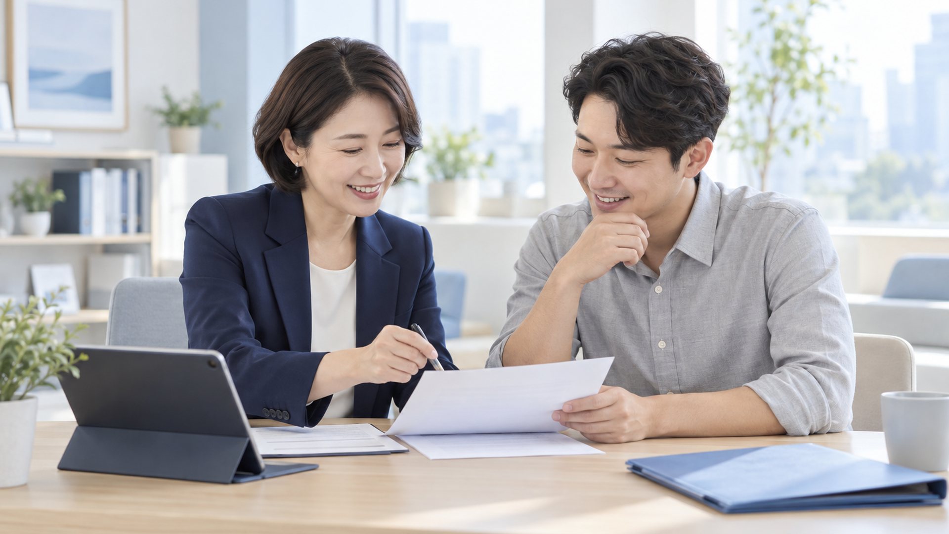 두 사람이 태블릿과 서류를 보며 상담하는 장면(연출 사진)
