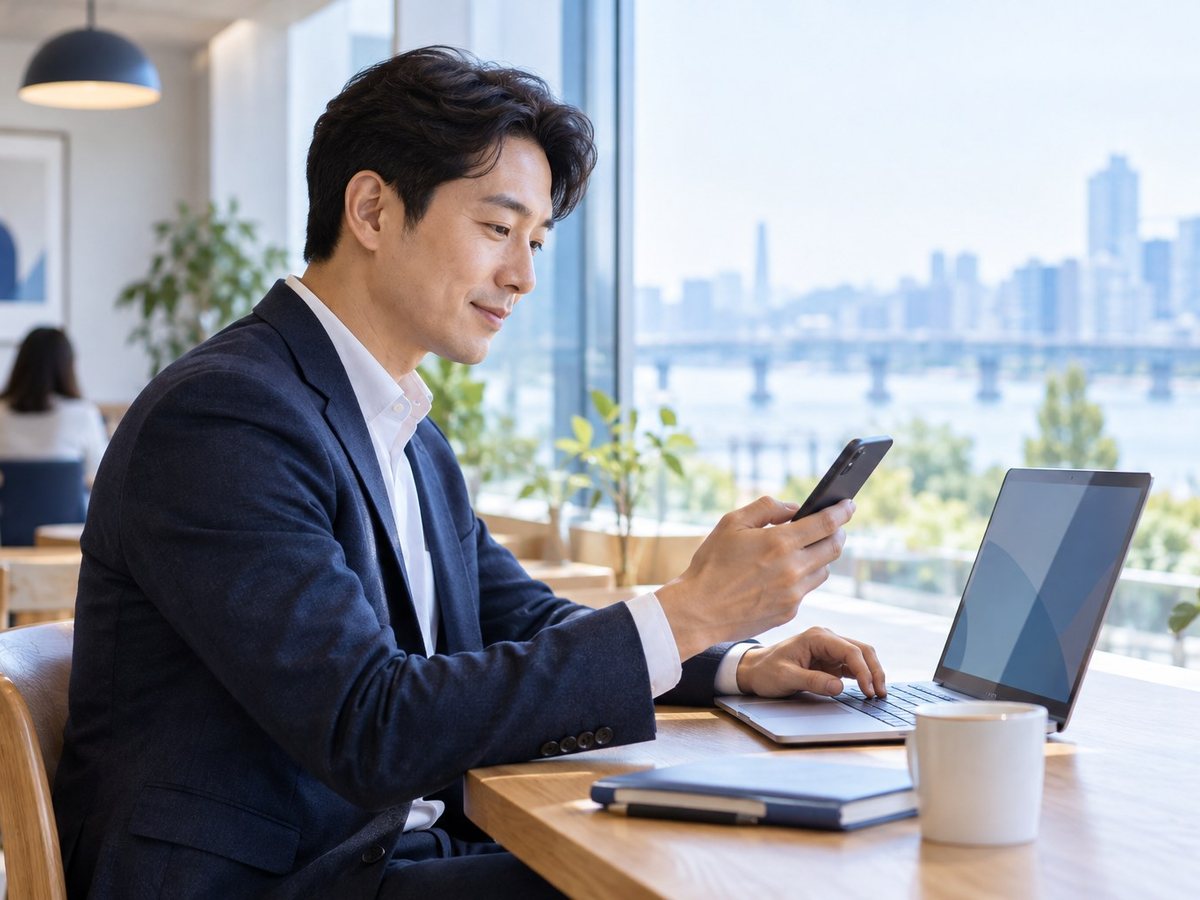 재킷을 입은 남자가 휴대폰과 노트북을 보는 장면(연출 사진)