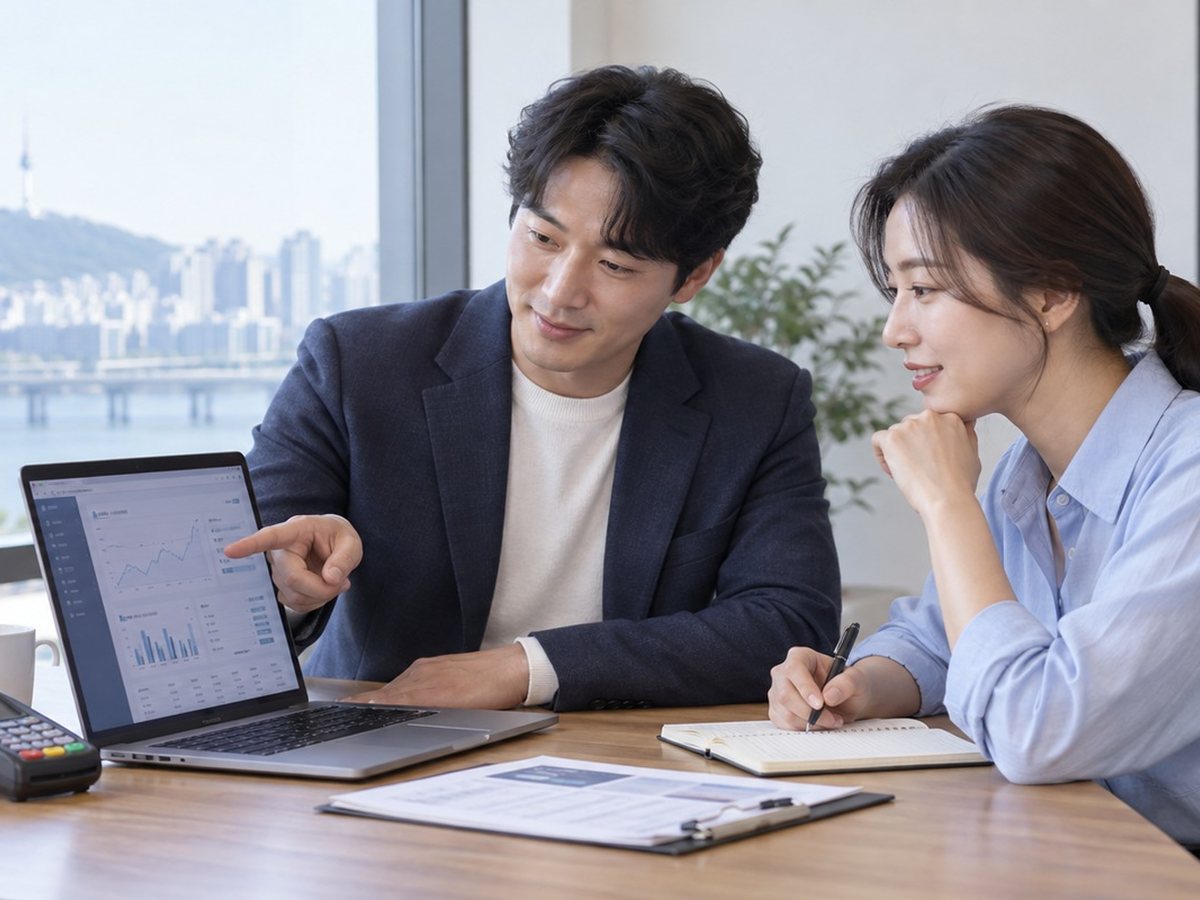 한강이 보이는 사무실에서 두 사람이 노트북을 보며 상담하는 장면(연출 사진)