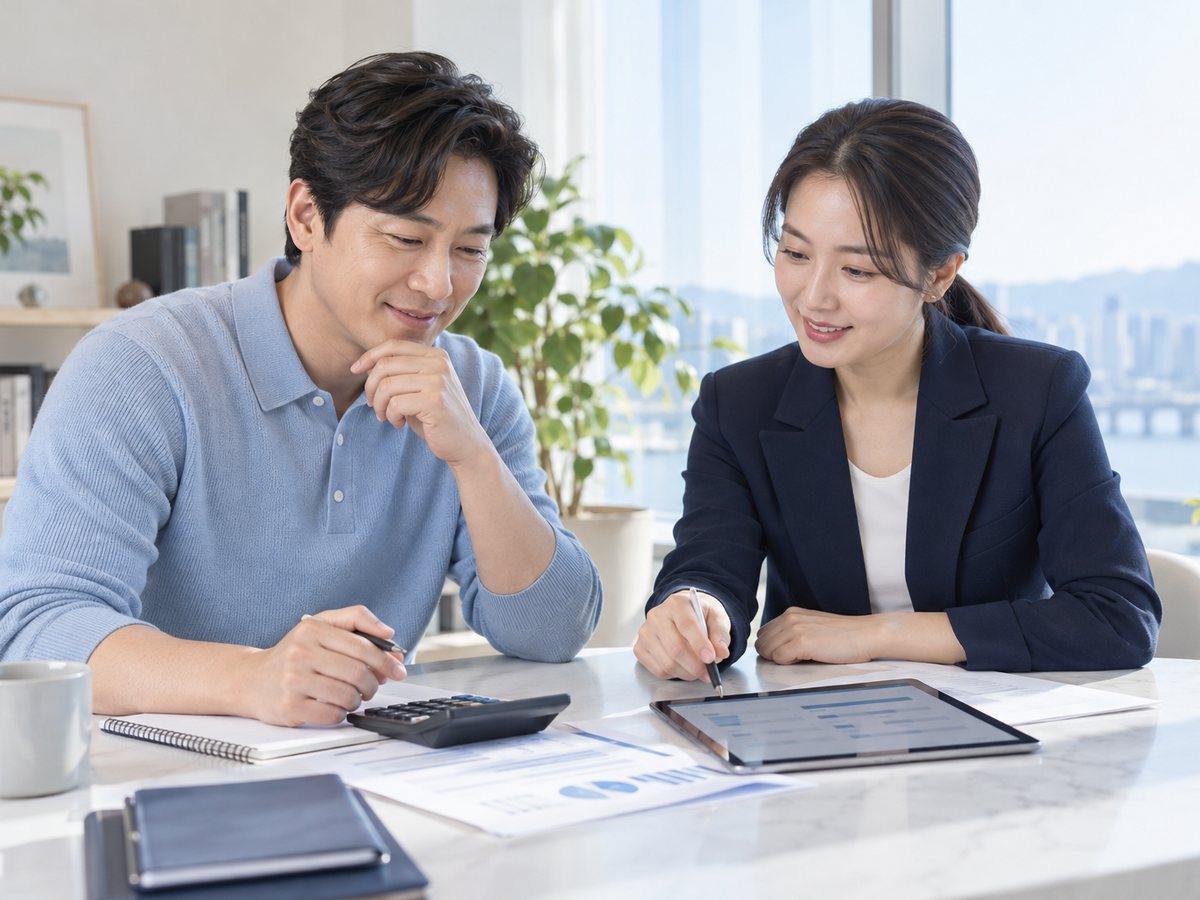 두 사람이 태블릿을 보며 일정을 맞추는 장면(연출 사진)